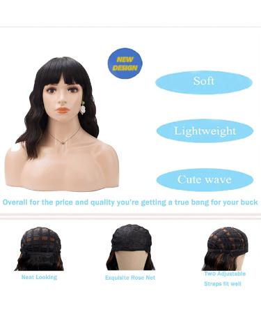 12 Inch Black Mixed Brown Highlights Short Curly Bob Wig with Bangs | Medium Wavy Shoulder Length Wig | Natural Looking Heat Resistant Fiber Hair for Women - BB1201NT - Buy Online on GoSupps.com