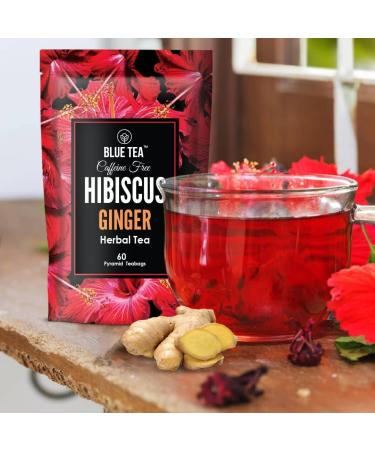 BLUE TEA - Hibiscus Ginger Herbal Tea - 60 Tea Bags || CAFFEINE FREE || Hibiscus - Ginger | Detox - Soothing | Vegan - Gluten Free - Non-GMO | Eco-Conscious Ziplock Pouch - Buy Online on GoSupps.com