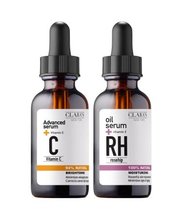CLARA'S NEW YORK Natural Glowing Facial Serum Duo (Natural 100% Rosehip Oil serum 30ml & Natural 94% Vitamin C Face Serum 30ml) with Niacinamide and Hyaluronic Acid Vitamin E Made in USA