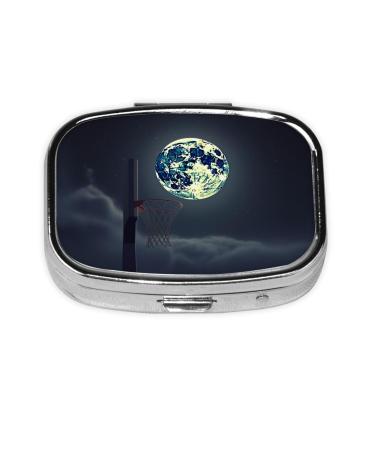 Moon and Basketball Printing 2 Compartment Small Pill Case Cute Small Pill Box Purse Pill Boxs Travel Pill Organizer for Pocket Purse and Travel Gifts