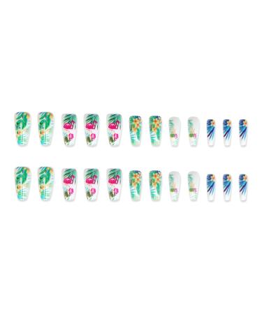 Tropical Flower & Leaf Design Long Coffin Fake Nails - 24 Pcs | Hawaiian Exquisite Static False Nails for Women - Buy Online on GoSupps.com