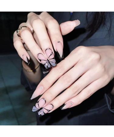 Justotry 24 Pcs Butterfly False Nails Long with Jewels | Black French Press On Nails | Ballerina Stick On Nails | Acrylic Coffin Fake Nails Medium | Nail Art Glue | Black & Butterfly Design - Buy Online on GoSupps.com