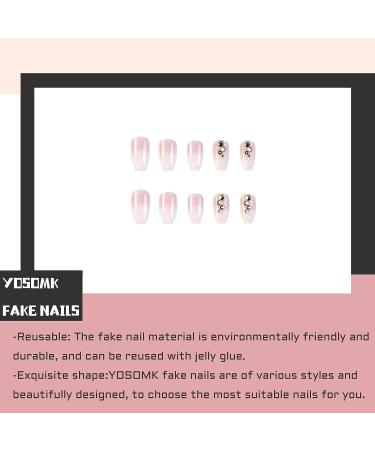 YOSOMK Gradient Nude & Rhinestones Short Press On Coffin Fake Nails - Glossy Ombre Ballerina Full Cover False Nails for Women - Buy Online on GoSupps.com