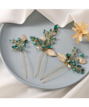 Latious Wedding Bride Leaf Hair Pins Vintage Gold Emerald Green Crystal Bridal Hair Pieces Rhinestones Hair Clips Party Hair Accessories for Women and Girls ( Pack of 3) (Gold) - Buy Online on GoSupps.com