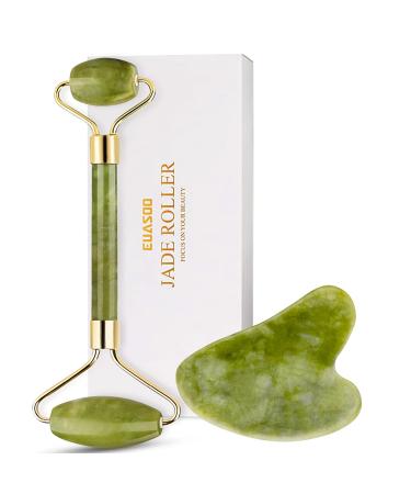 Jade Roller for Face, Jade Roller and Gua Sha Set, EUASOO 100% Real Natural Beauty Jade Facial Roller Massage Tool for Face Eyes Neck Body – Anti Aging Beauty Treatment