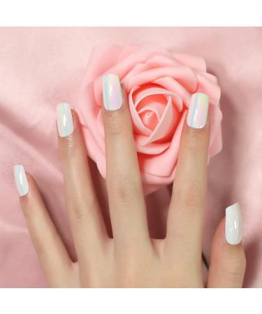 Aurora Medium Square Press-On Nails - Holographic Acrylic Full Cover Fake Nails for Weddings & Daily Wear - 24pcs Kit - Buy Online on GoSupps.com