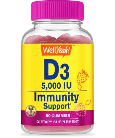 WellYeah Vitamin D3 5000 IU (125 mcg) Extra Strenght Gummies -for Bone Health Immune Booster Bone and Teeth Support -Non GMO Gluten Free Nut Free Vegetarian -Strawberry Flavor -60 Gummies