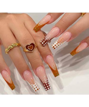Vatocu coffin shiny false nails long French artificial nails nude wave point for gluing brown acrylic nails for women and girls (24 pieces)