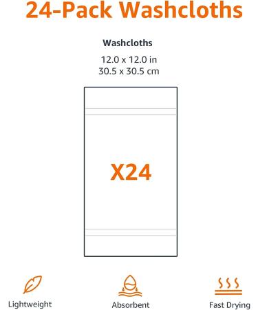 Amazon Basics Fast Drying 24 Pack White Terry Cotton Washcloths - 12 x 12-Inch, Extra Absorbent - Buy Online on GoSupps.com