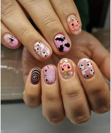 144 Pcs Halloween Press On Nails Kit - Short Square Full Cover Designs with Ghosts Skulls Bats & Pumpkins - Glossy Artificial Nail Set for Men & Women - Buy Online on GoSupps.com