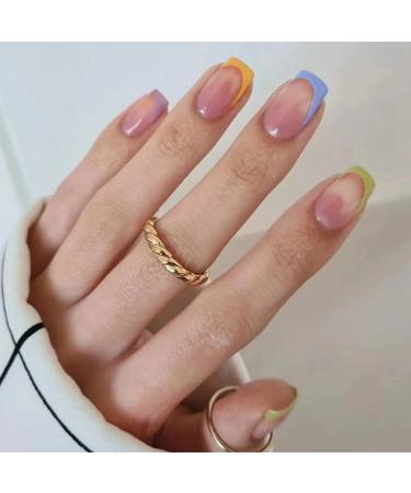 Justotry 24 pieces press on nails square short rainbow French artificial nails artificial nails to stick on acrylic fingernails fake nails short for women rainbow French square 1