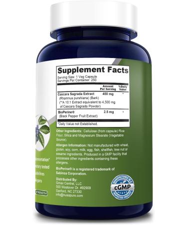 NusaPure Cascara Sagrada 500mg Veggie Caps - 250 Vcaps, Bioperine, Non-GMO Gluten Free Extract 10:1 - Buy Online on GoSupps.com