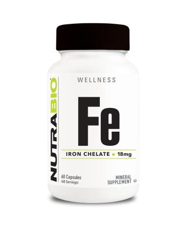 NutraBio Iron Chelate (18mg) Ferrous Bisglycinate Chelate Supports Red Blood Cell Health 60 Capsules
