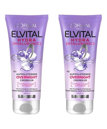 L'Or al Paris Elvital Moisturizing Haarmask Leave in for shiny and healthy hair overnight with hyaluron for a moisture boost Hydra Hyaluronic Overnight Mask 1 x 200 ml 200 ml (2 Pack)