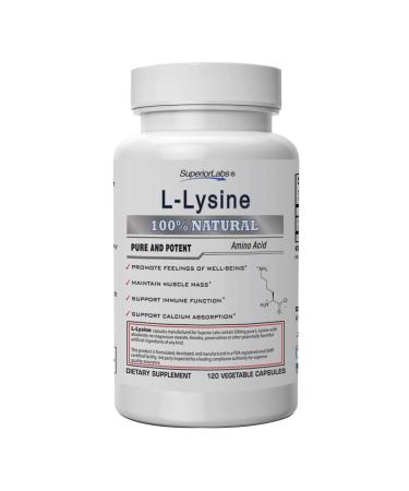 Superior Labs  Best L-Lysine NonGMO - Dietary Supplement 500 mg Pure Active L-Lysine  120 Vegetable Capsules  Supports Calcium Absorption  Immune System & Respiratory Health Support