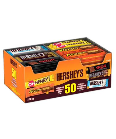 HERSHEY'S Full Size Chocolate Bars - Assorted Pack w/Reese's Hershey's Cookies n' Creme Hershey's Almond OH Henry! & SKOR Bulk Candy - 50 Bars Assorted Variety - 50 Bars