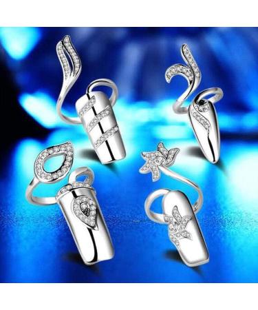 4 PCS Rhinestone Finger Tip Nail Rings - Adjustable Opening Nail Art Charms in Silver Women's Fashion - Buy Online on GoSupps.com
