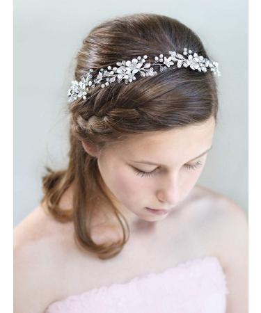 Handcess Flower Wedding Hair Vines Silver Pearls Crystal Headpieces Leaves Rhinestone Bridal Hair Accessoreies for Women and Girls - Buy Online on GoSupps.com