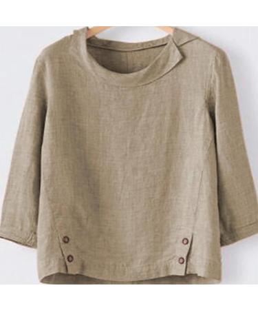Women's Summer Cotton Linen T-Shirt - Solid Color Loose Fit Tunic Tee | Long Sleeve Crewneck Blouse | XX-Large - Khaki - Buy Online on GoSupps.com