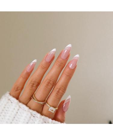 JUSTOTRY 24 Pcs Almond False Nails Short White French Press on Nails Patterns Pretty Nude Fake Nails Short with Nail Glue Swirl Stiletto Stick on Nails for Women Nails Fake Nail for Nails Art white French & nude