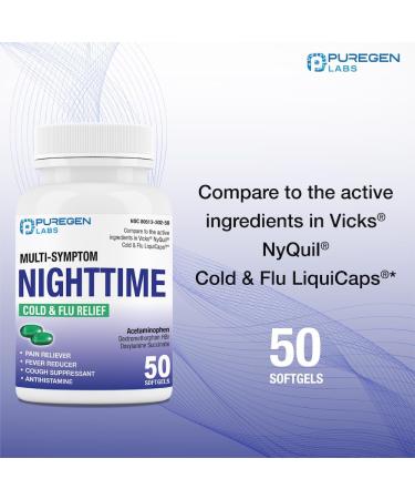 Puregen Labs Nighttime Cold and Flu Relief Medicine | 50 Softgel Liquid Capsules | Helps Relieve Sore Throat Cough Fever Headaches Runny Nose Congestion and Aches | Value Pack - Buy Online on GoSupps.com