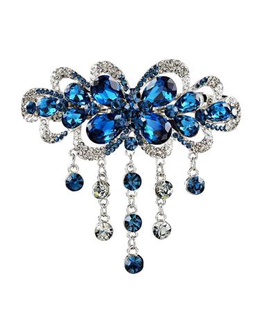 E EMZHOLE Large Elegant Hair Barrettes for Women Girls Spring Clip Flower Tassel Design Sparkly Glitter Rhinestone Hairpin Crystal Hair Clip Hair Accessories (Deep Blue)