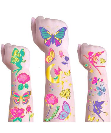 Mocossmy Butterfly Temporary Tattoos for Kids,4 Sheets Metallic Glitter Butterfly Flower Fairy Waterproof Fake Tattoos & Butterfly Nail Stickers DIY Crafts for Kids Girls Birthday Party Favor Supplies