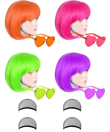 4 Pack Colored Wigs, Funky Colorful Wigs, Short Bob Hair Wigs, Neon Party Wigs, Cosplay Wigs with Rimless Heart Shape Sunglasses - One Size for All Women Kids & Adults Halloween Costume Night Club Orange, Rose Red, Purple,…