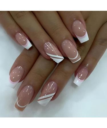 French Style False Nails Medium Length Pink and White Stick on Nails 24pcs Square Press On Nails with Glue Elegant Ballet Heart Design Sweet Fake Nails for Women Girls (Sweet French)