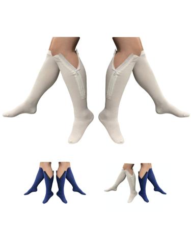 2 Set Closed Toe 20-30 mmHg Zipper Compression Leg Socks Navy White (2 Pairs White L/XL) 2 Pairs White Large-X-Large
