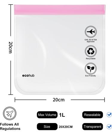 ECOHUB TSA Approved Clear Airport Liquid Bags 20x20cm, Set of 2 Pink Travel Toiletry Bags for Men and Women - Airline Approved Plastic Zip Lock Bags - Buy Online on GoSupps.com