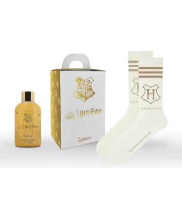 DIAMOND INTERNATIONAL Harry Potter Lumos | Gift Box Shower Gel 300 ml and Official Hogwarts Socks White-Gold