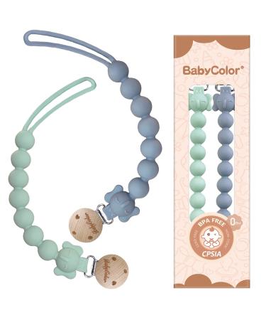 Silicone Pacifier Clip One Piece Pacifier Clip Holder for Baby Boys Girls 2 Pack Flexible Pacifier Clips Wooden Clips Design Soother Binky Teething Ring Pacifier Clip Holder(Sage Green+Slate Blue)