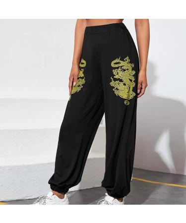 Women's Dragon Print High Waisted Sweatpants with Pockets - Black, Large | Workout Joggers & Lounge Trousers - Buy Online on GoSupps.com