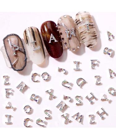 52 Pcs 3D Metal Nail Studs Decoration Glitter Silver Capital English Letters and Rhinestone Combination Set DIY Designs Supplies for Women