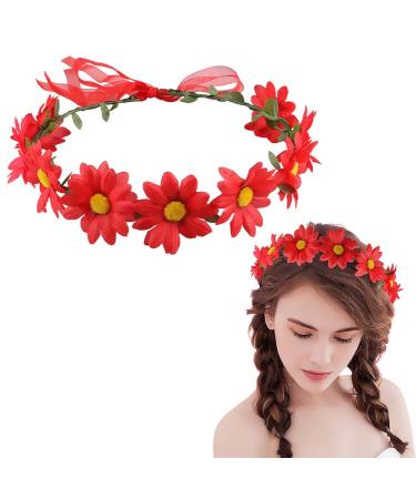 Drokit Red Daisy Flower Headband Sunflower Hair Wreath Boho Floral Wreath for Women Girls Daisy Flower Headband Bridal Headpiece Hair Accessory One Size