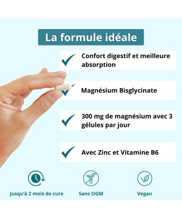 Magnesium Bisglycinate + Vitamin B6 + Zinc Bisglycinate | Combat Fatigue - Stress | High Content 300mg/d & Bioavailability | 60 Capsules - Vegan | Made in France | Argalys Essentials - Buy Online on GoSupps.com