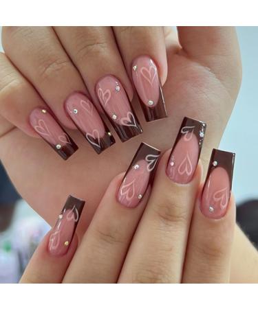 24Pcs CEWEWP Long Coffin Press on Nails Brown French Tip Fake Nails Pink Glue on Nails Love False Nails with Spot Drilling Designs Full Cover Artificial Acrylic Nails Decoration for Women A7