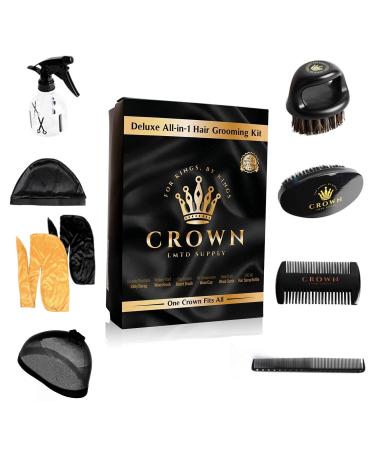 9 in 1 Waver Kit - 2 Silky Durags, Medium Hard Wave Brush, Soft Bristle Crown Beard Brush, Wood Comb, Plastic Comb, Spray Bottle, 2 Silky/Stocking Wave Cap (Black and Gold)