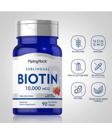 Piping Rock Biotin 10000mcg Tablets | 90 Berry Flavor | Max Strength, Fast Dissolve Sublingual | Vegetarian, Non-GMO, Gluten-Free - Buy Online on GoSupps.com