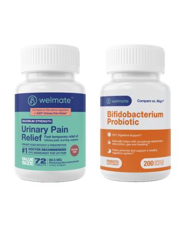 WELMATE UTI Comfort & Gut Health Essentials: Urinary Pain Relief Phenazopyridine 99.5mg (72 Ct) & Bifidobacterium Probiotic (200 Ct) | Complete Urinary and Digestive Support Package