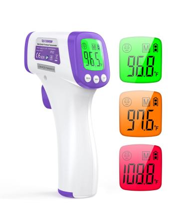 Forehead Thermometer for Adults Kids: IDOIT Infrared Fever Thermometer with Alarm 3 Backlight Display and Memory Records, Touchless Thermometers for Baby Children Adults on Forehead Ear Body Surface Purple