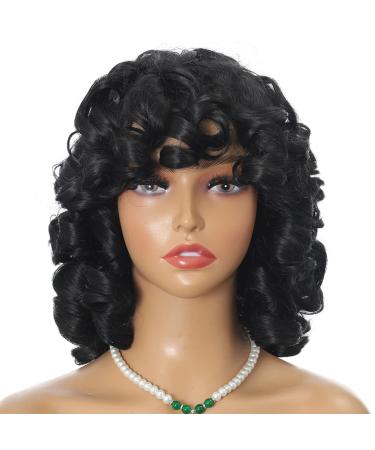 Afro Curly Wigs for Black Women Short Curly Wig with Bangs Soft Big Bouncy Fluffy Big Curls wig Heat Resistant Synthetic Wig for Daily Party Use (Natural Black 14Inch)