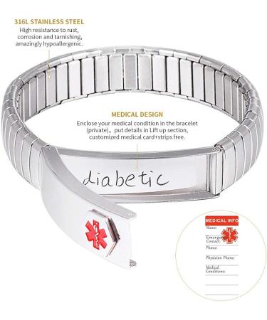 Expandable Medical Alert Bracelet 13mm Width - Diabetic Type 2 - 18cm - Privacy Lift-Up Section - Includes Medical Info Card - Men & Women - Buy Online on GoSupps.com