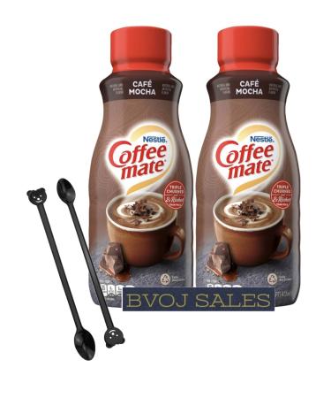 Coffee Creamer Bundle. Includes Two (2) 16 fl oz bottle of COFFEE-MATE Cafe Mocha Liquid Coffee Creamer Coffee Creamer And Two Bear Design Coffee Stirrers Included In Every Order