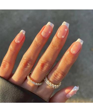Sethexy short square false nails French press on nails 24pcs acrylic nails to stick on for women and girls white pearls