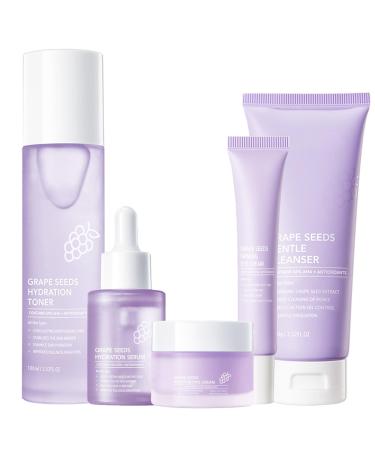 Grape Seed Skin Care Routine Sets Anti Aging Skin Care Set for Women Reduces Wrinkles Tightens Skin Moisturize Skin Face Routine Set with Cleanser Toner Serum Eye Cream Face Cream
