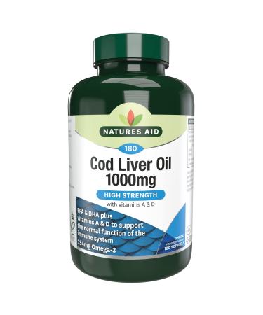 Natures Aid Cod Liver Oil 1000 mg 180 Softgel Capsules (High Strength 254 mg Omega-3 with Vitamins A and D for Normal Function of the Immune System Made in the UK)
