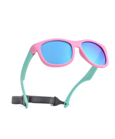 Pro Acme Unbreakable Polarized Baby Sunglasses Flexible Toddler Sunnies with Strap Soft Silicone Frame for 0-24 Months A2 - Pink Green Frame| Blue Mirrored Lens
