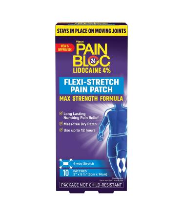 PainBloc24 Flexi-Stretch Adhesive Pain Patch — Topical Patches with Lidocaine 4% — Maximum Strength Relief for Back, Knee, Muscles — 10 Single Pack Strips